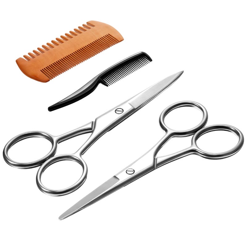 TecUnite 4 Pieces Mustache Scissors Grooming Kit for Men, Beard Trimmer Set, 2 Small Combs and 2 Scissors Beard Trimming Kit with Storage Bag Box - Image 1
